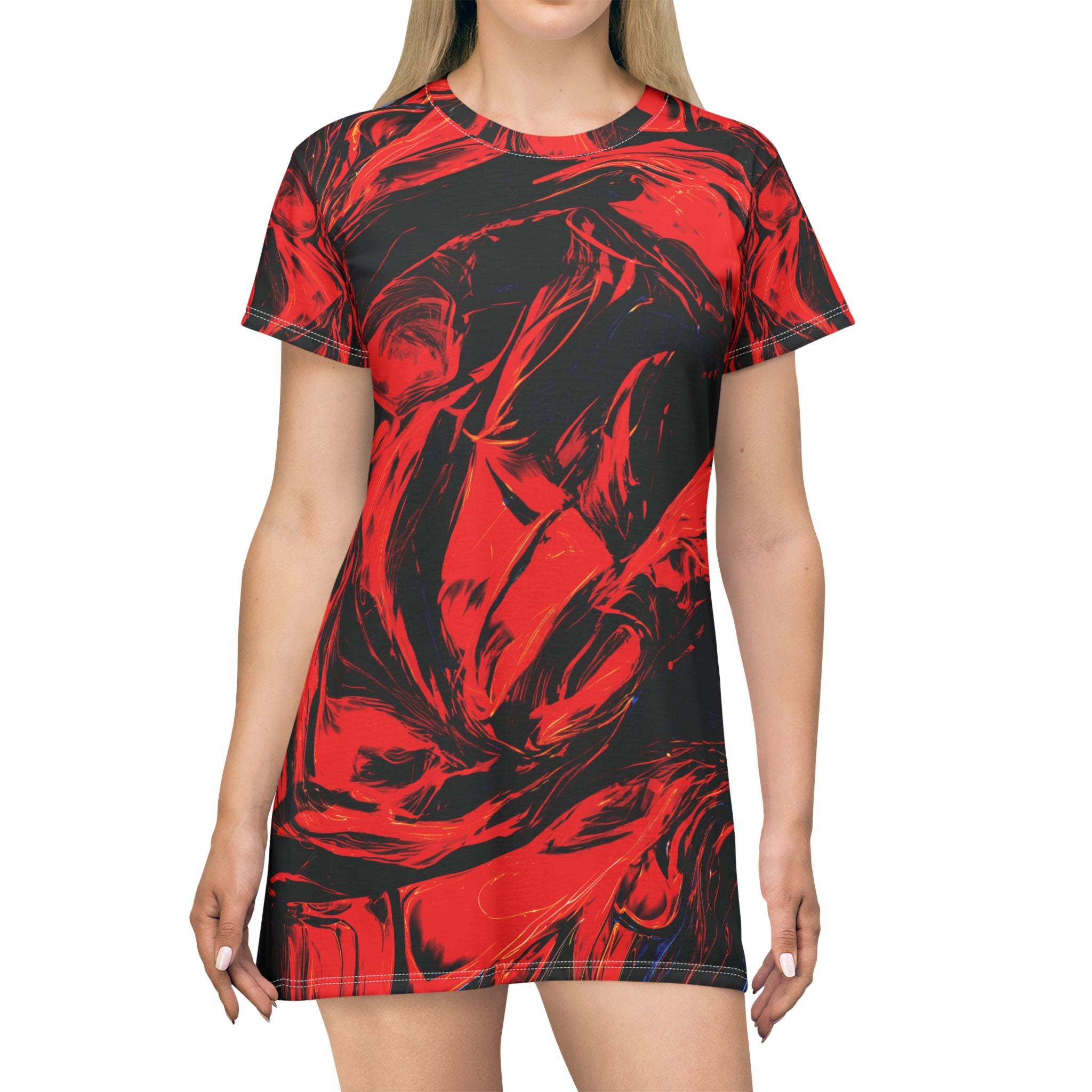 Red Black Opal Marble Swirl T-Shirt Dress