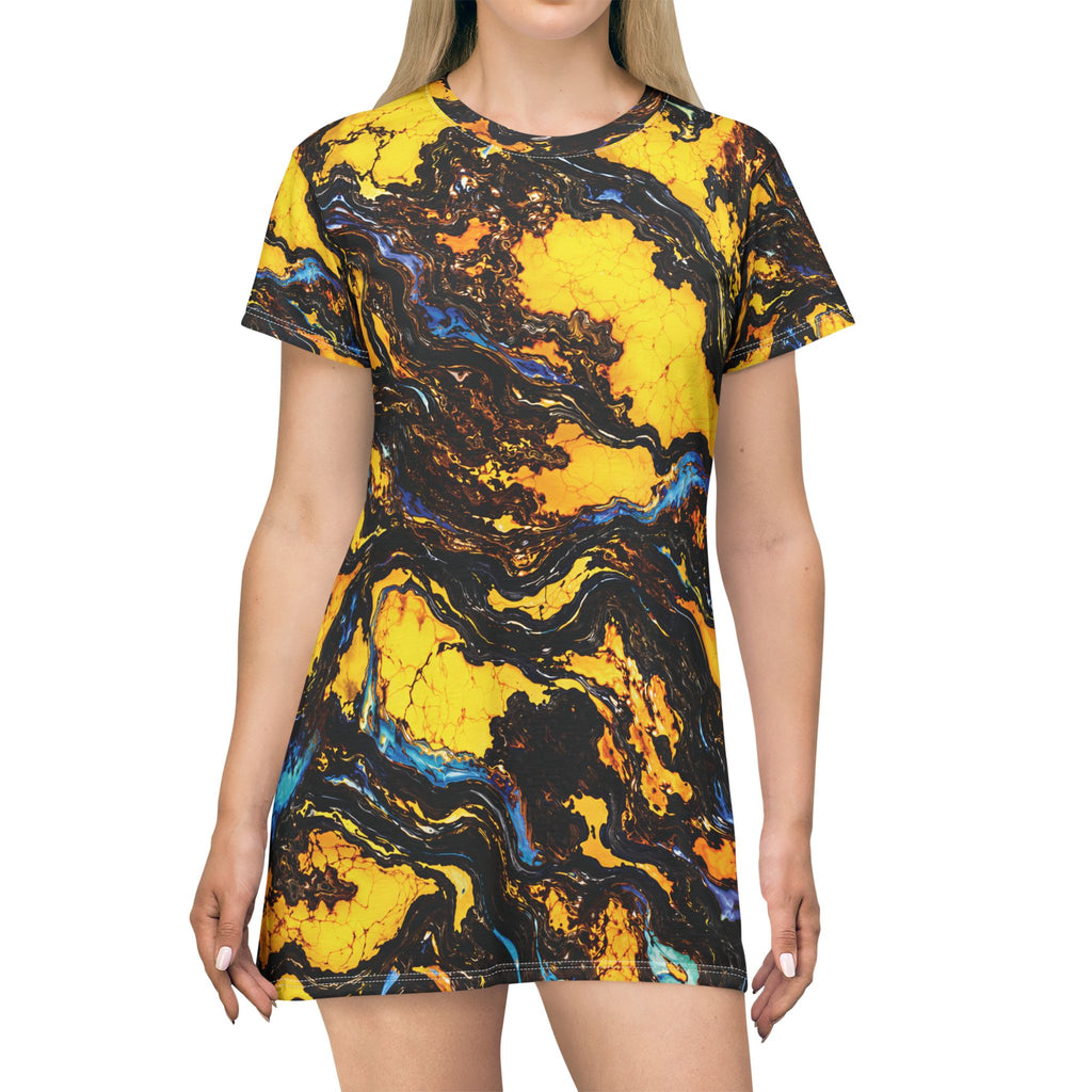 Yellow Black Opal Swirl T-Shirt Dress