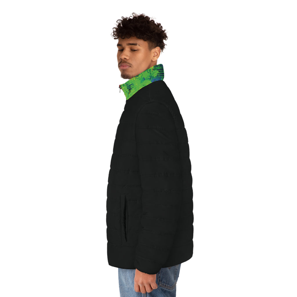 Black Puffer Jacket with Midnight Pulse Opal Collar