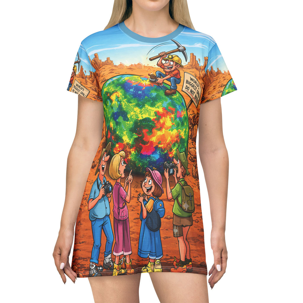 Opal Miner Cartoon T-Shirt Dress Colorful Geode Desert Scene