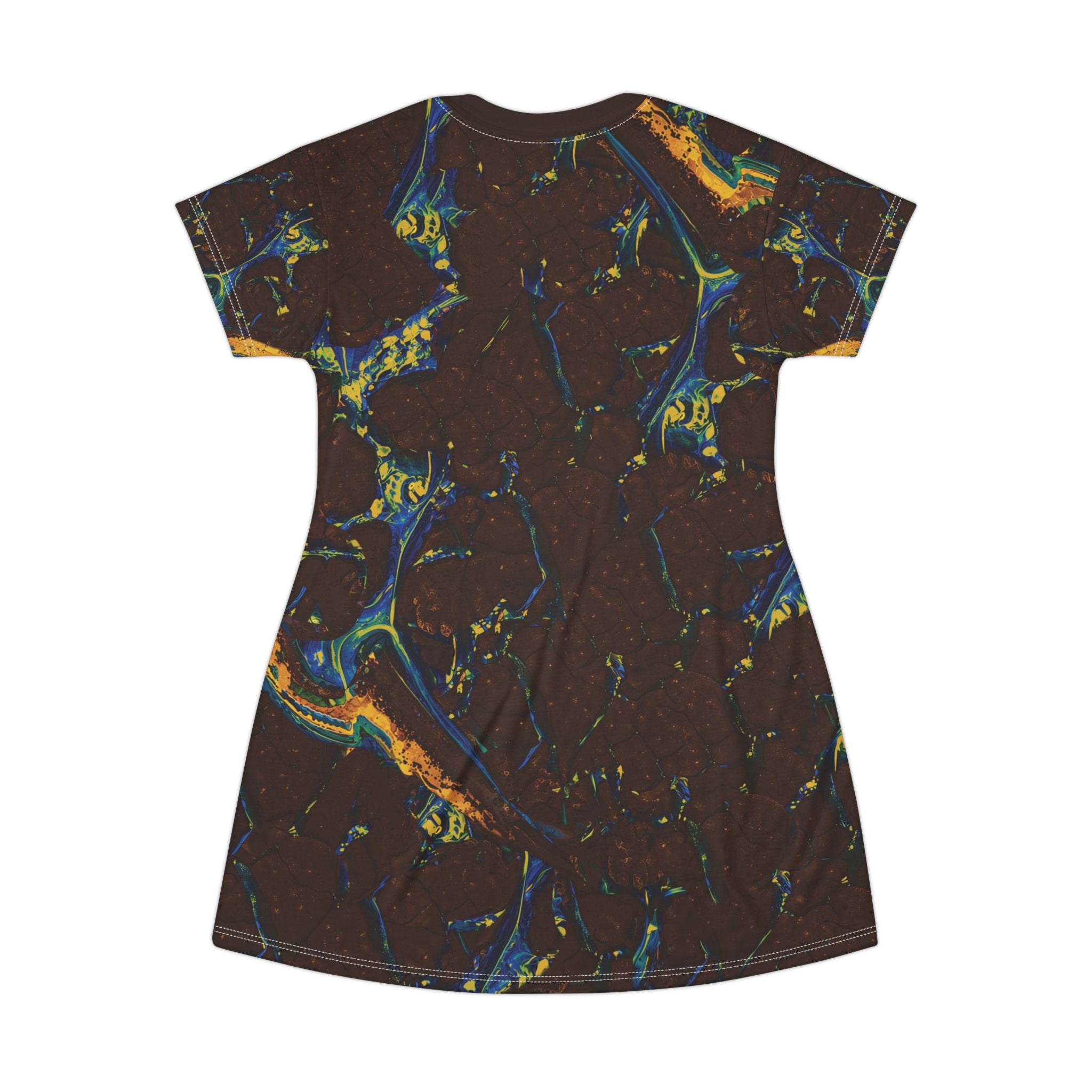 Opal Marbled Slick T-Shirt Dress Dark Brown Blue Yellow