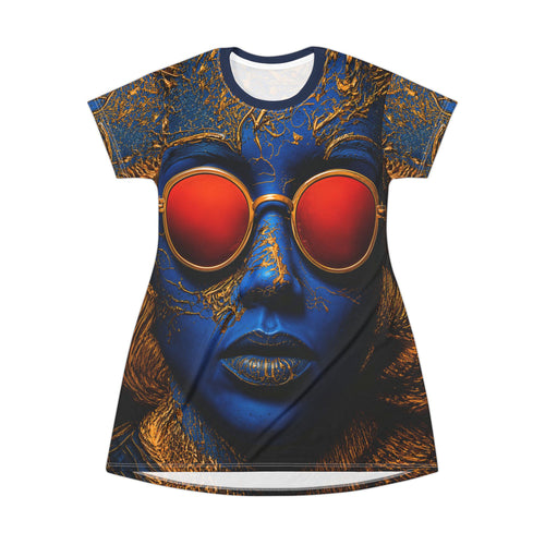 Blue OpalFace with Red Sunglasses T-Shirt Dress