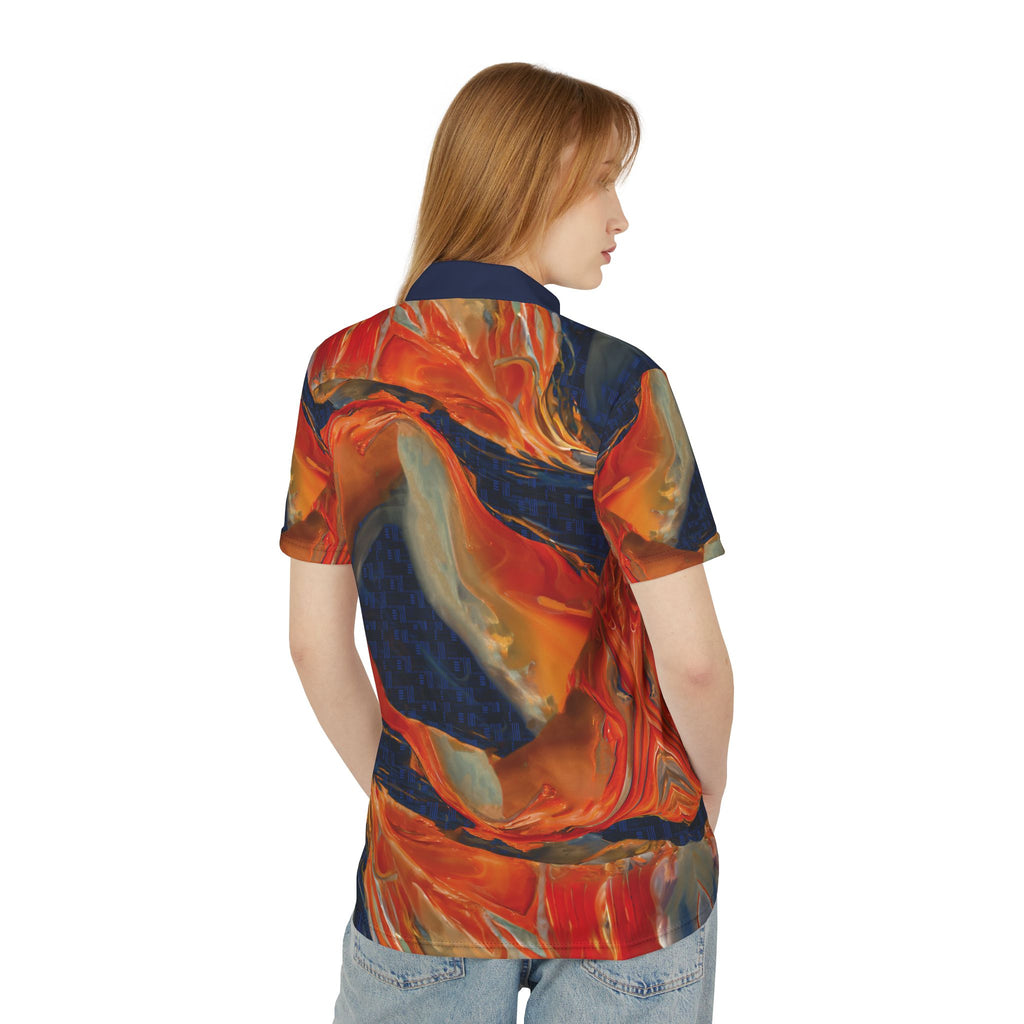 Not Typical Opal Fluid Art Polo Shirt Red Orange Navy Swirl