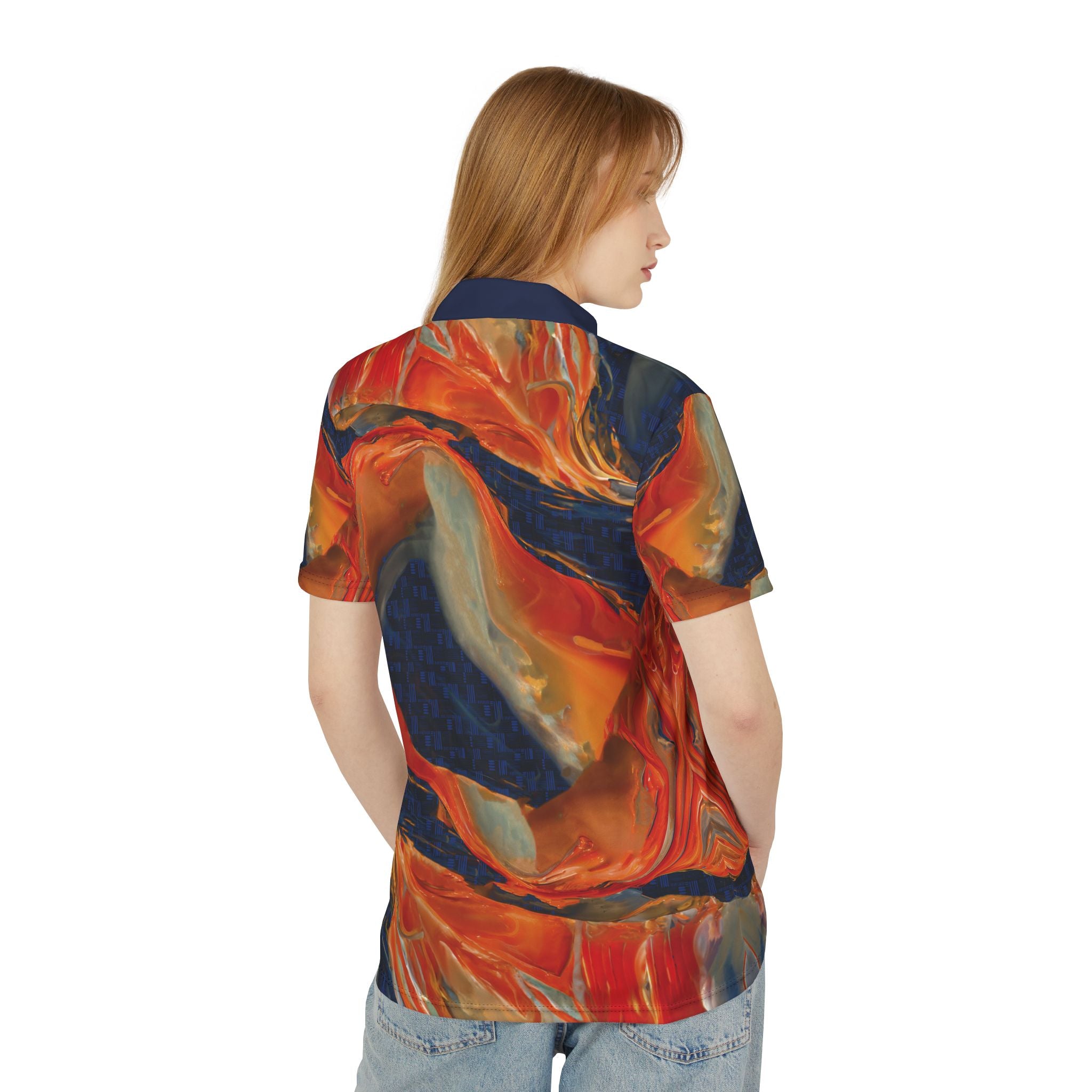 Not Typical Opal Fluid Art Polo Shirt Red Orange Navy Swirl