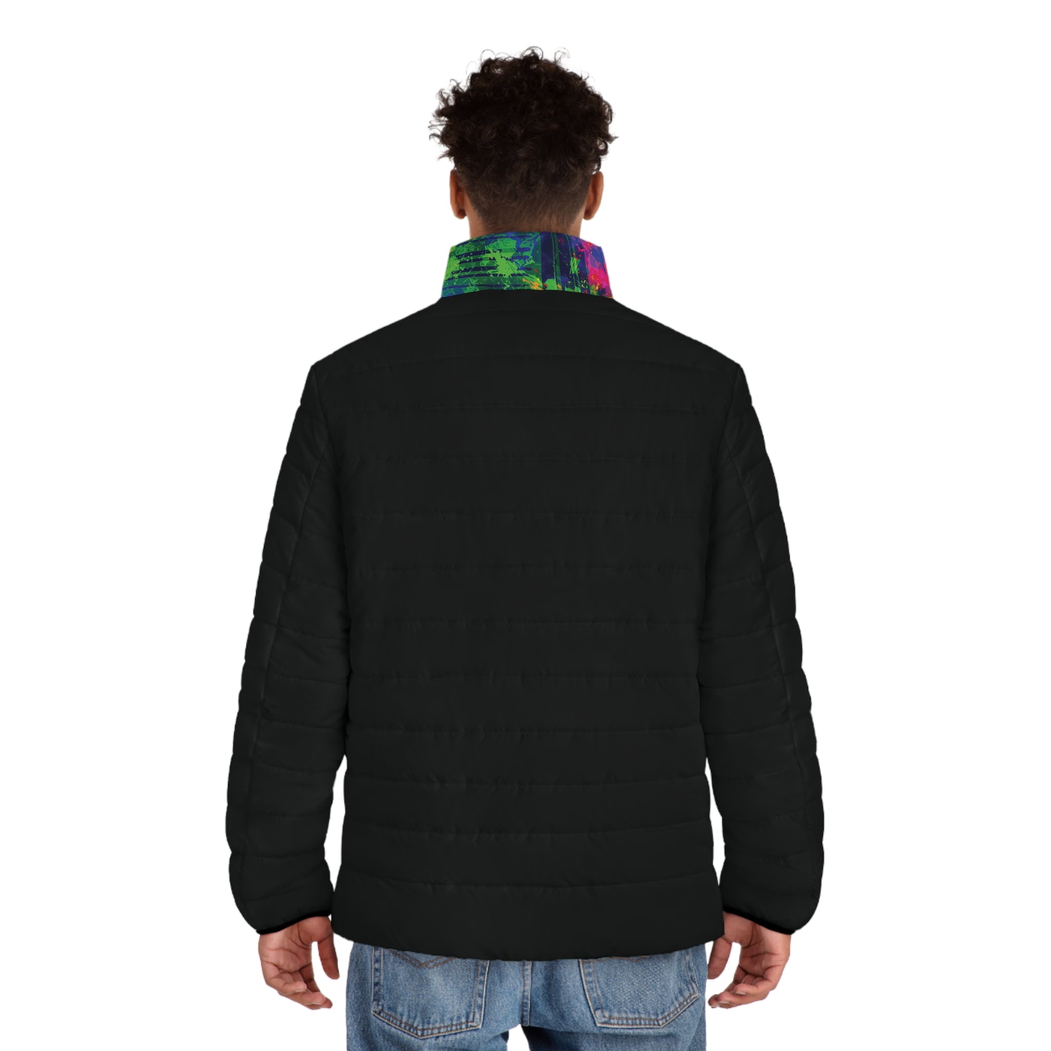 Black Puffer Jacket with Midnight Pulse Opal Collar