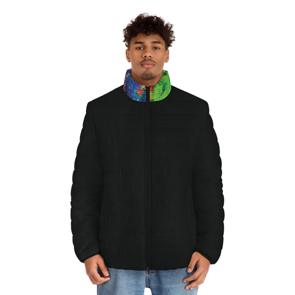 Black Puffer Jacket with Midnight Pulse Opal Collar