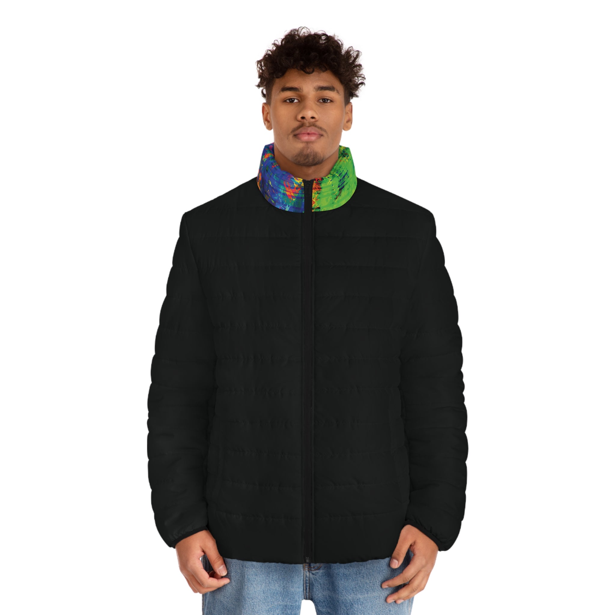 Black Puffer Jacket with Midnight Pulse Opal Collar