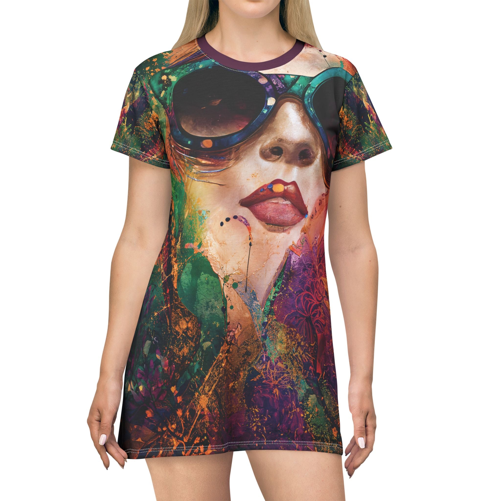 Opal Colorful Retro Woman Face T-Shirt Dress