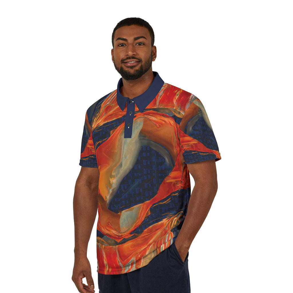 Not Typical Opal Fluid Art Polo Shirt Red Orange Navy Swirl