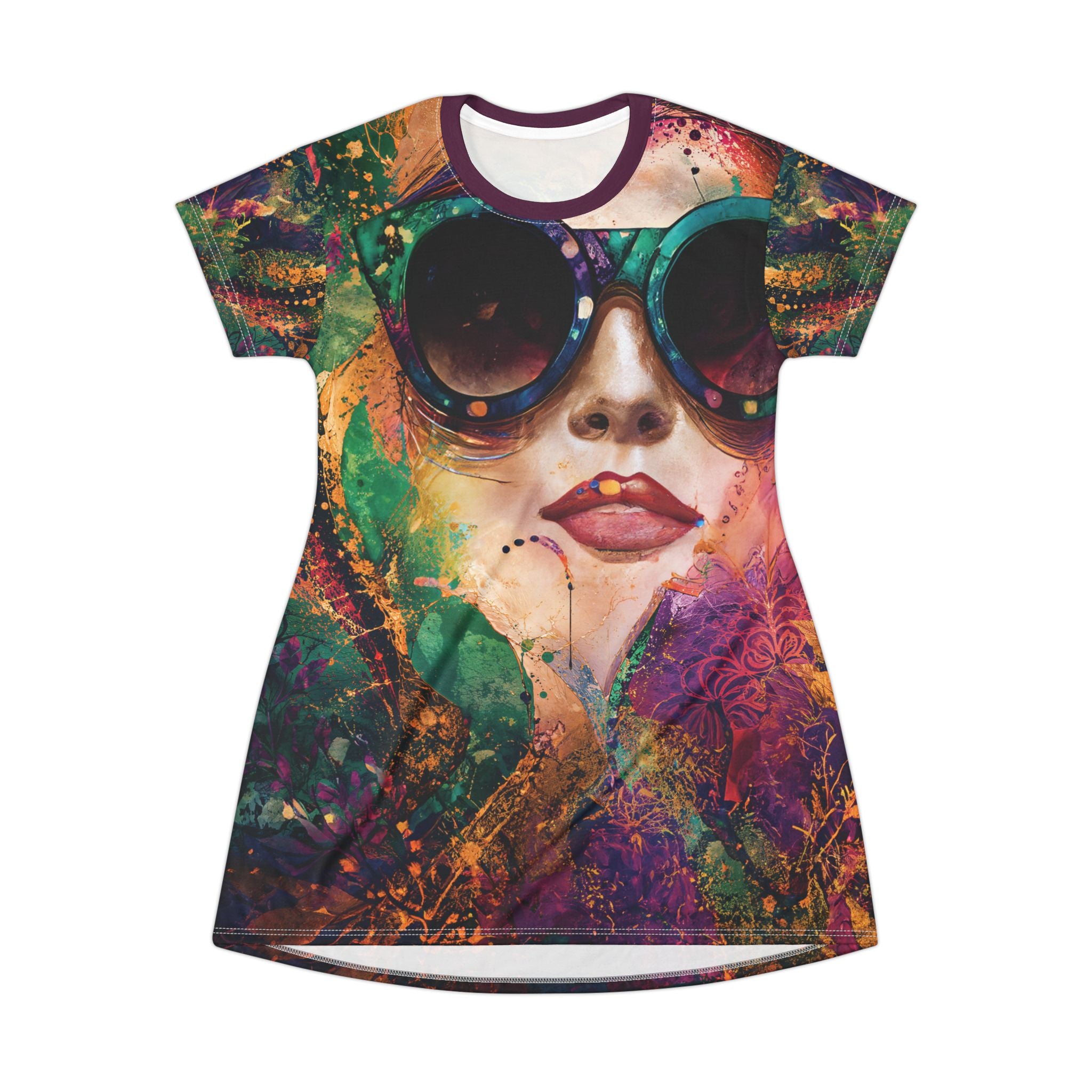 Opal Colorful Retro Woman Face T-Shirt Dress