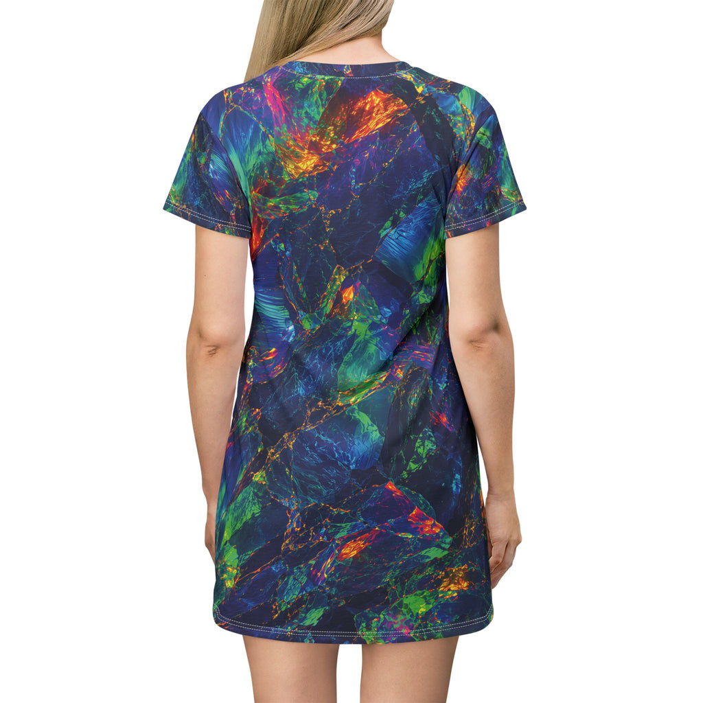 Opal Galaxy Abstract Pattern T-Shirt Dress Iridescent Blue Green