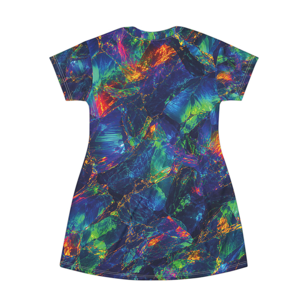 Opal Galaxy Abstract Pattern T-Shirt Dress Iridescent Blue Green