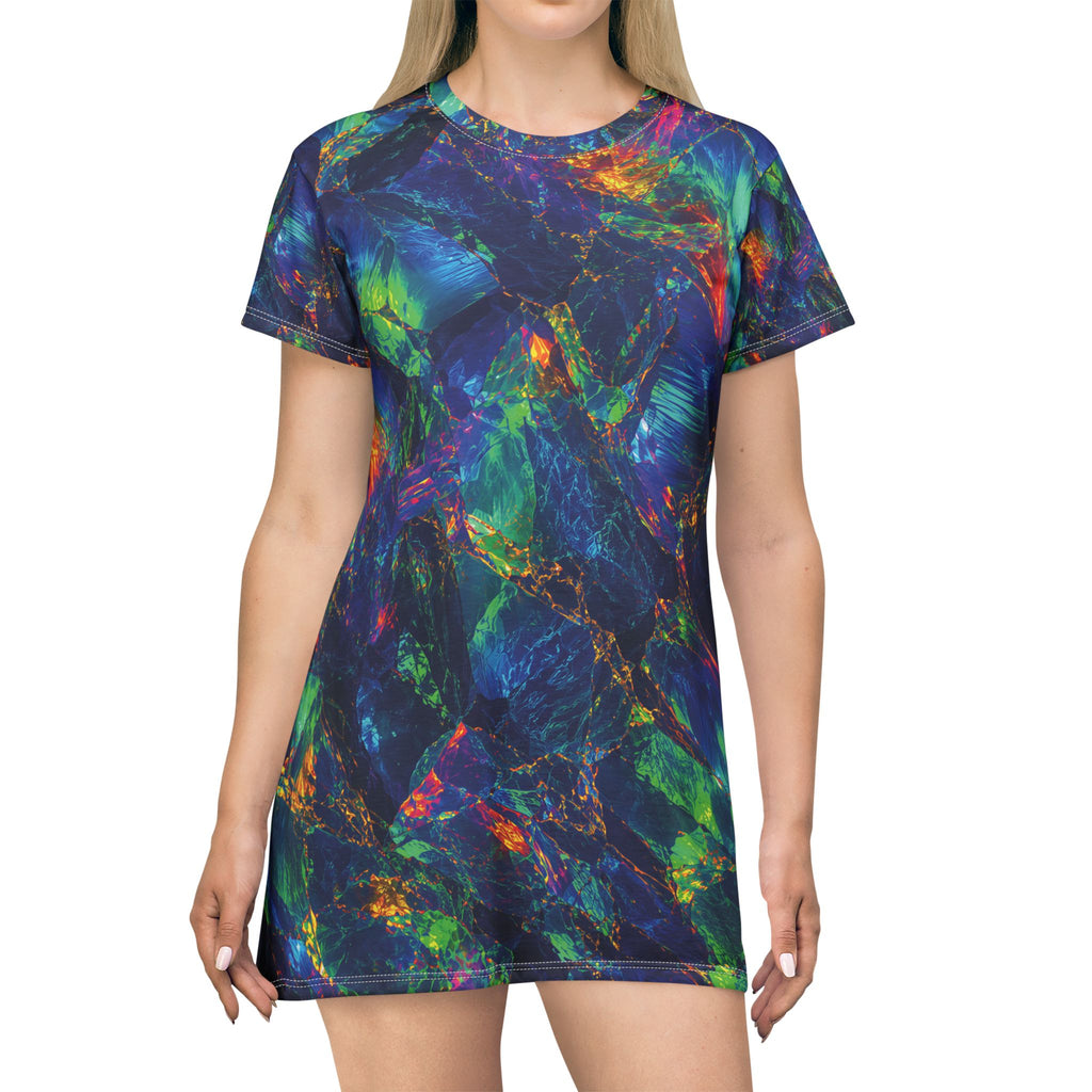 Opal Galaxy Abstract Pattern T-Shirt Dress Iridescent Blue Green