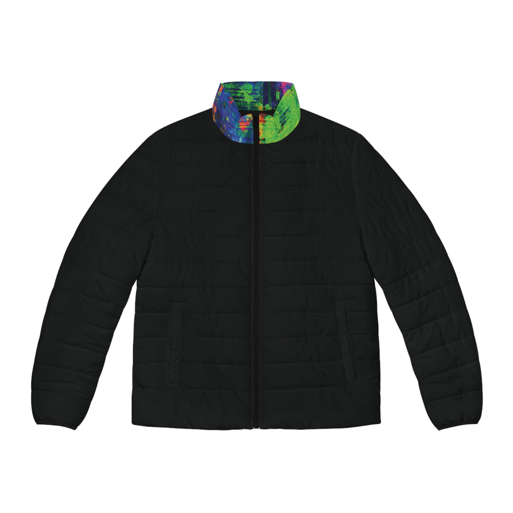 Black Puffer Jacket with Midnight Pulse Opal Collar