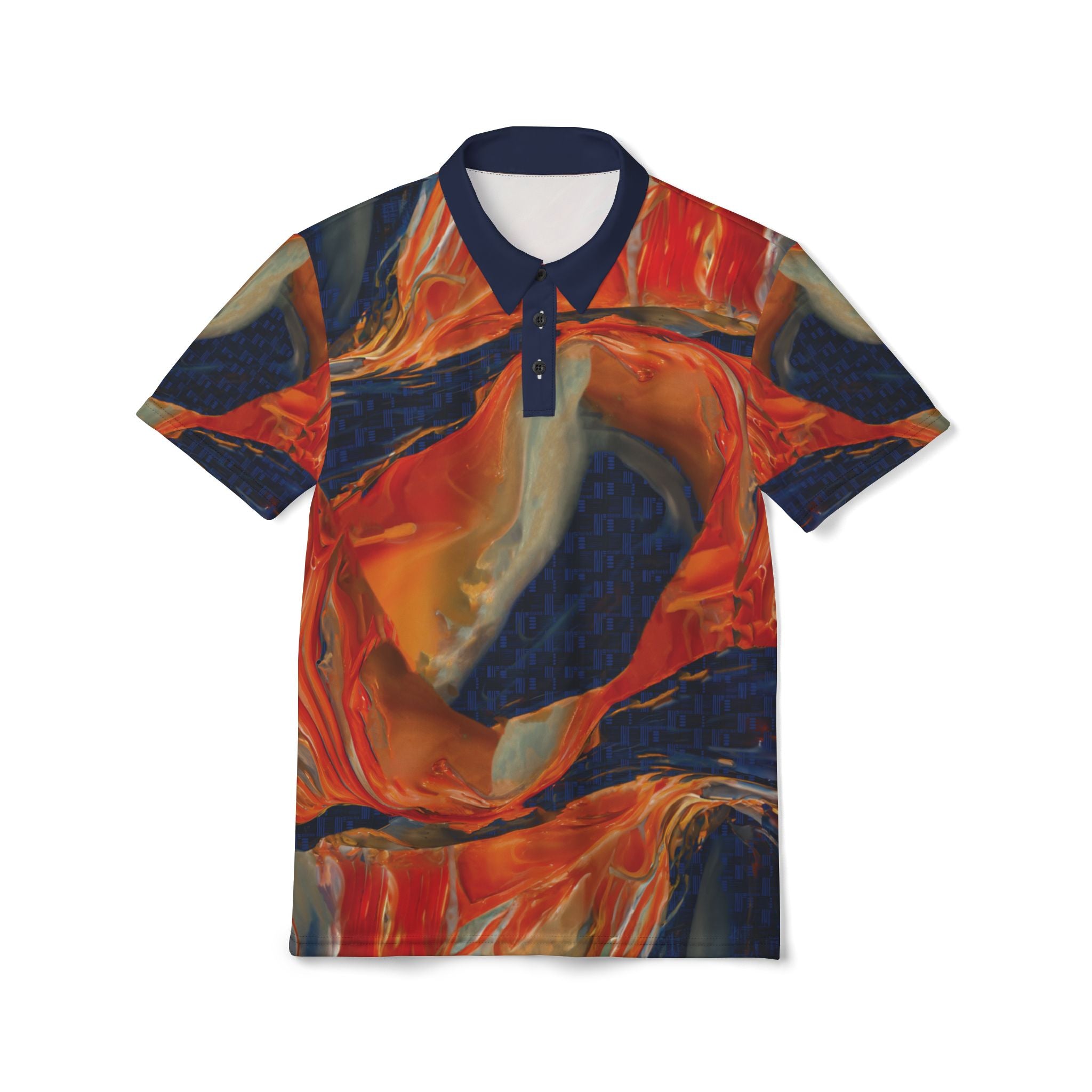 Not Typical Opal Fluid Art Polo Shirt Red Orange Navy Swirl