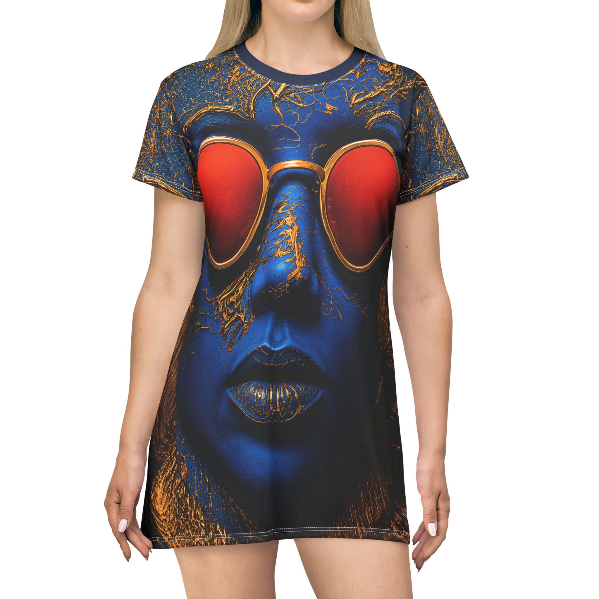 Blue OpalFace with Red Sunglasses T-Shirt Dress
