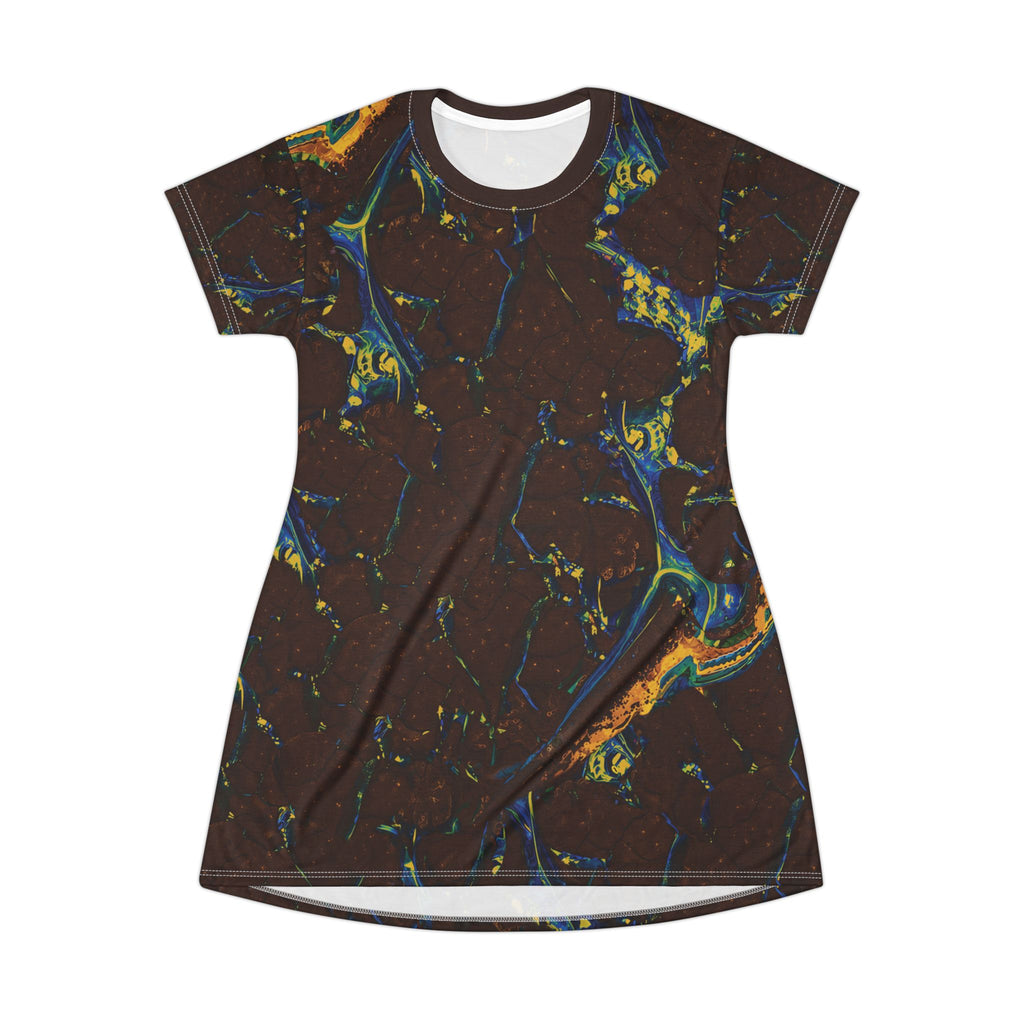 Opal Marbled Slick T-Shirt Dress Dark Brown Blue Yellow