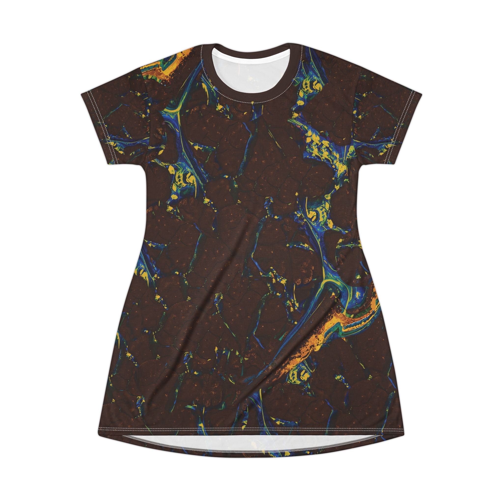 Opal Marbled Slick T-Shirt Dress Dark Brown Blue Yellow