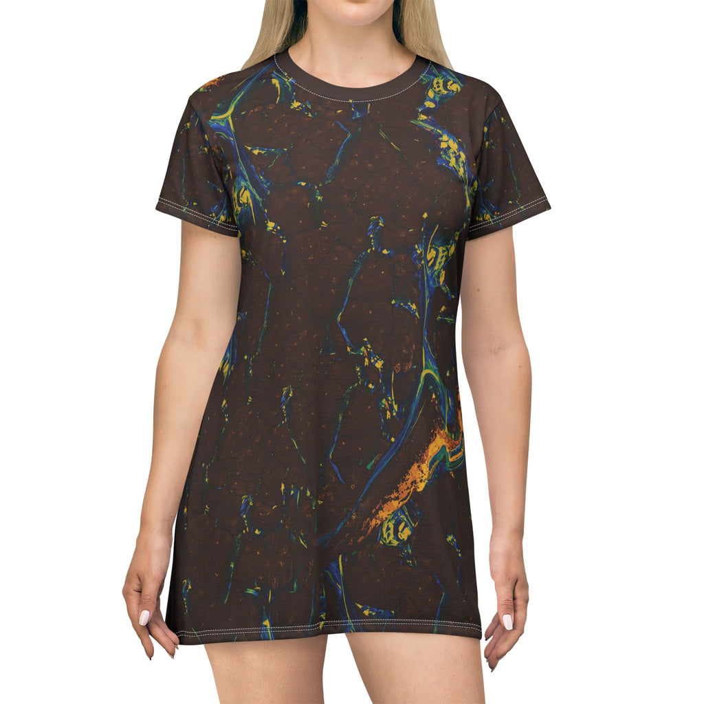 Opal Marbled Slick T-Shirt Dress Dark Brown Blue Yellow