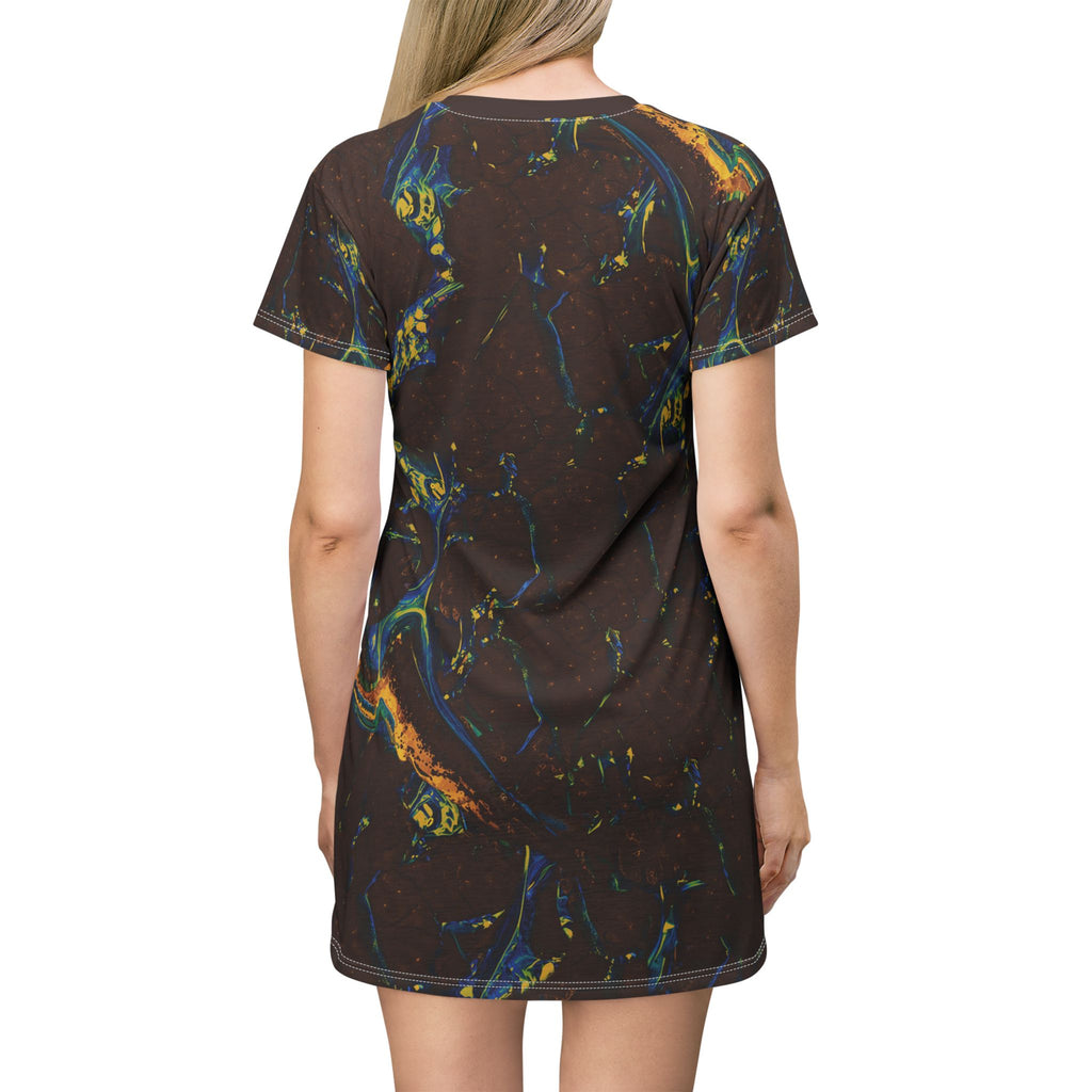 Opal Marbled Slick T-Shirt Dress Dark Brown Blue Yellow