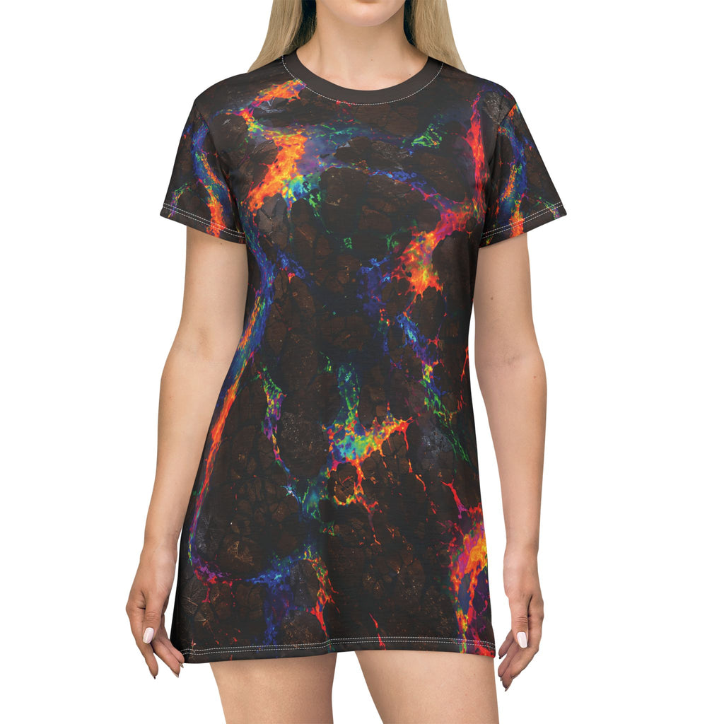 Not Your Ordinary Midnight Nebula T‑Shirt Dress — Rainbow