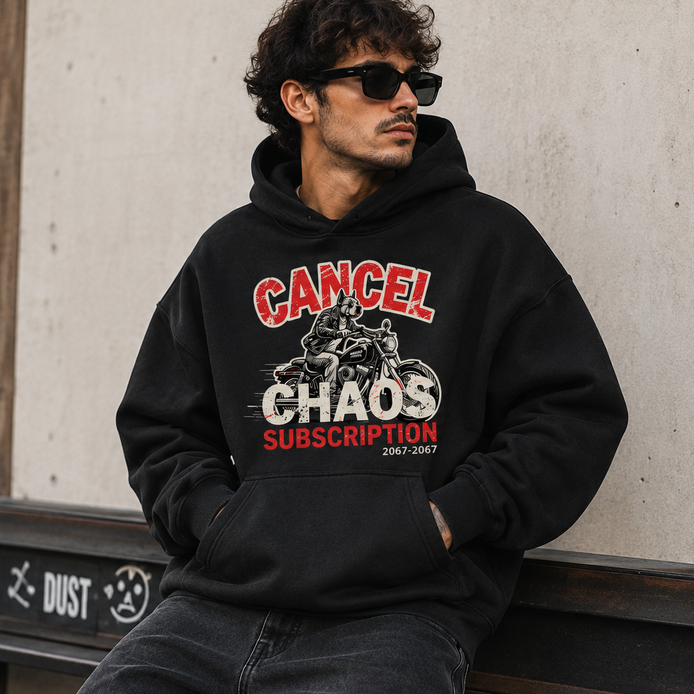 A man wearing a black hoodie with a bold red and white graphic reading 'CANCEL CHAOS SUBSCRIPTION' is shown in a lifestyle setting, alongside smaller views of the hoodie from the back and flat product views. The hoodie features the text 'Try Again Later' printed on the back.