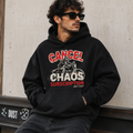 A man wearing a black hoodie with a bold red and white graphic reading 'CANCEL CHAOS SUBSCRIPTION' is shown in a lifestyle setting, alongside smaller views of the hoodie from the back and flat product views. The hoodie features the text 'Try Again Later' printed on the back.