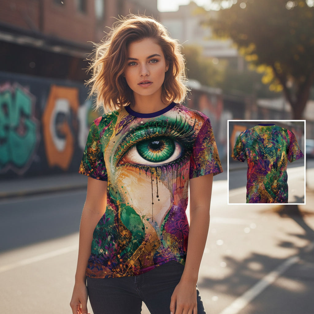 T-Shirt, Not Waiting To Be Noticed Cut & Sew Opal Teal Eye Artwork Tee