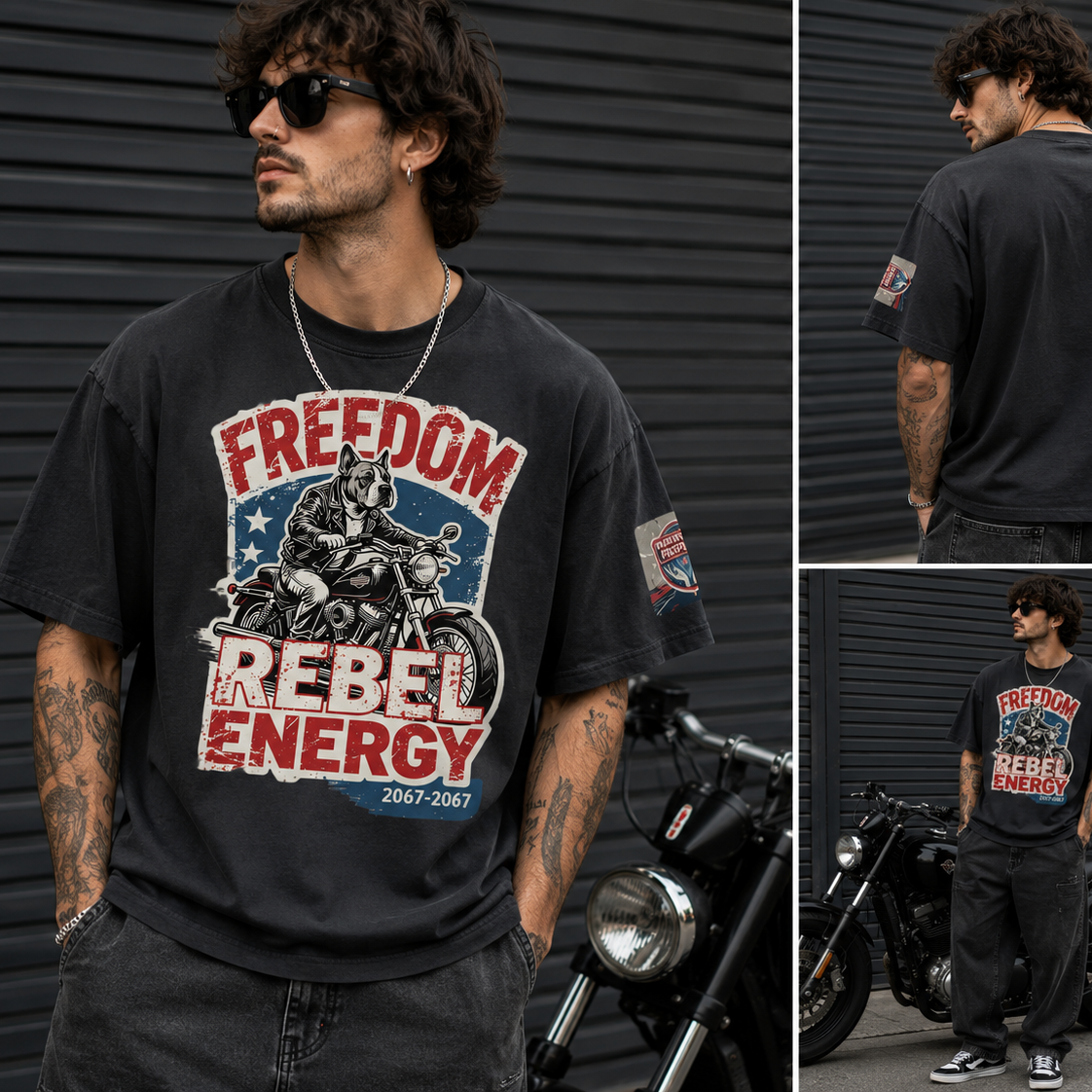 A man wearing a black graphic t-shirt with a 'Freedom Rebel Energy' motorcycle print, shown in a three-panel collage against a dark gray metal wall with a motorcycle.