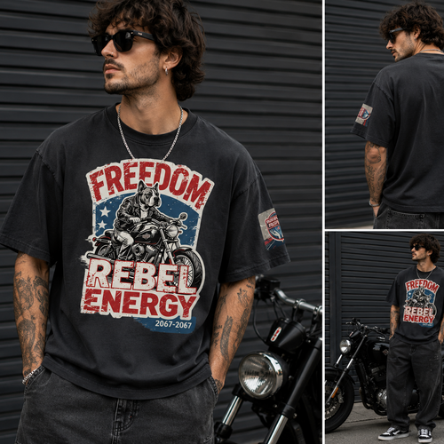 A man wearing a black graphic t-shirt with a 'Freedom Rebel Energy' motorcycle print, shown in a three-panel collage against a dark gray metal wall with a motorcycle.
