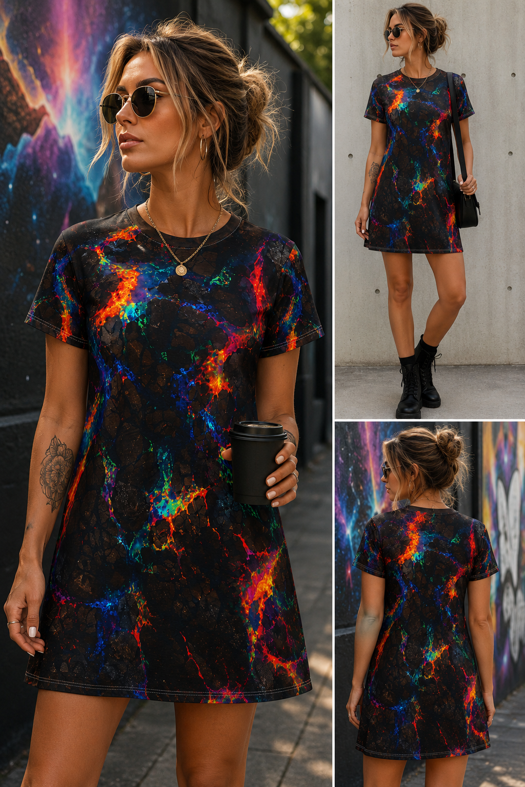 Not Your Ordinary Midnight Nebula T‑Shirt Dress — Rainbow