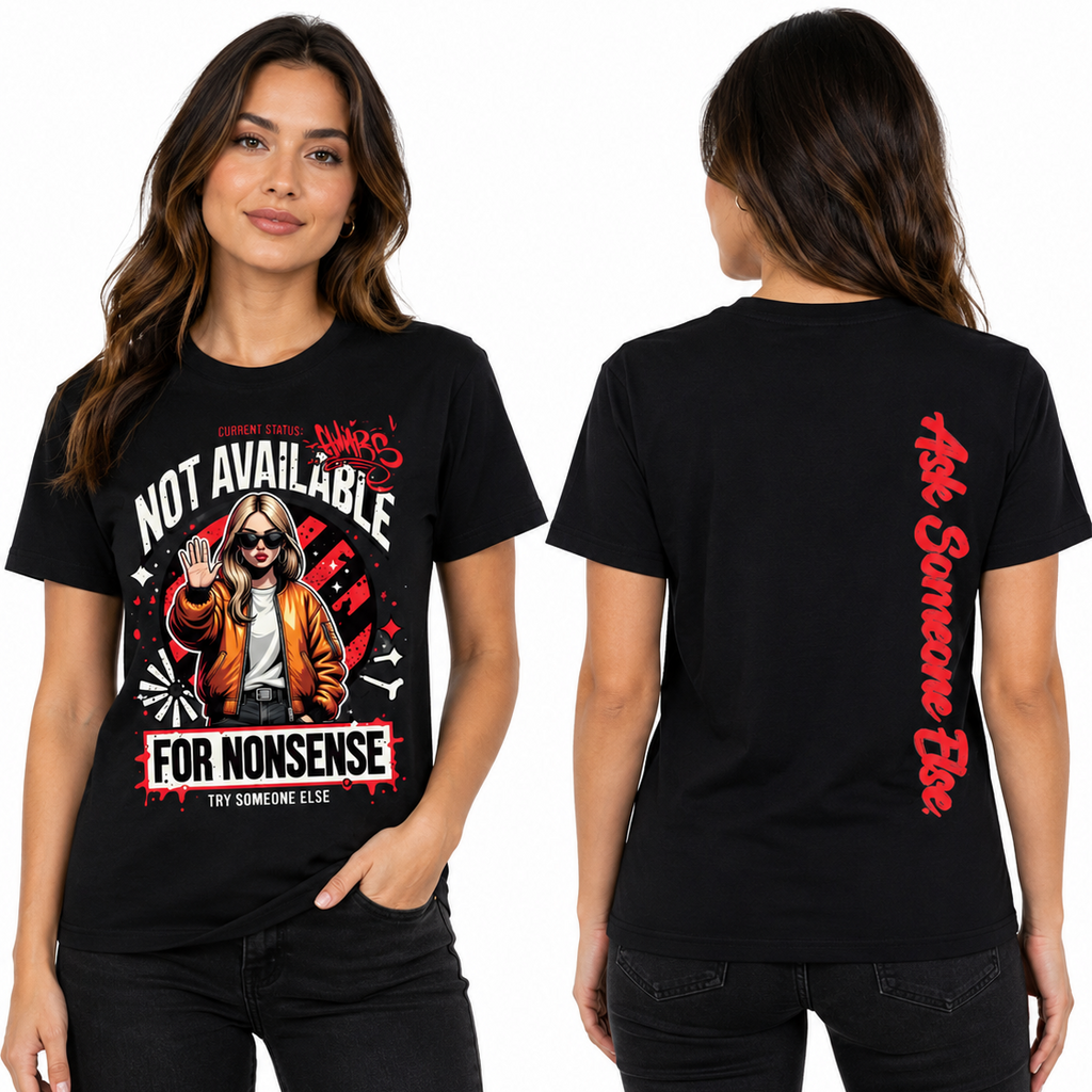 A woman modeling a black graphic T-shirt shown from both front and back against a plain white background. The front features a large red, white, and brown graphic with text, and the back has a vertical red graphic.