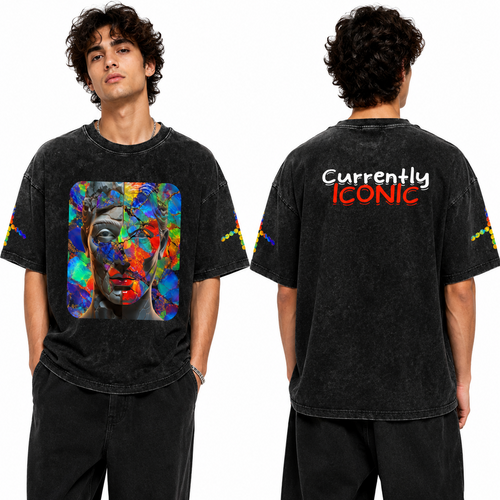 A model shown from the front and back wearing a black acid-wash graphic t-shirt. The front features a large, colorful, abstract portrait print on the chest, while the back displays the text 'Currently ICONIC' in white and red.
