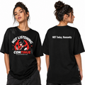 A woman modeling a black graphic T-shirt shown from the front and back against a plain white studio background. The front has a red, white, and black graphic with text reading 'NOT LISTENING! CONTINUE' and smaller text below.