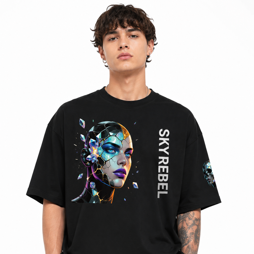 A man wearing a black short-sleeve graphic t-shirt with a colorful futuristic face design and the word 'SKYREBEL' printed vertically on the side, paired with black cargo pants against a plain white background.