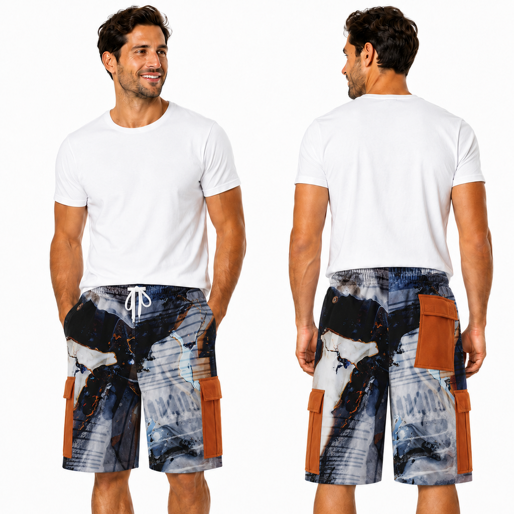 A male model shown from the front and back wearing a pair of cargo shorts with an abstract blue, gray, and black print and brown side pockets, styled with a white t-shirt and white sneakers against a plain white background.