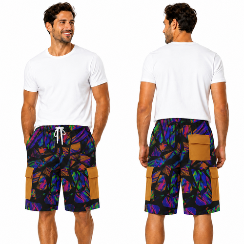 A man modeling a pair of colorful patterned cargo shorts from the front and back, paired with a plain white t-shirt and white sneakers, against a solid white background.