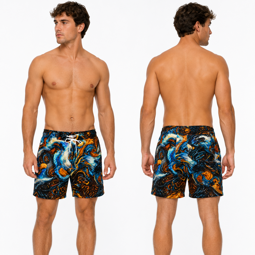 A male model shown from the front and back wearing swim trunks with a bold abstract print in blue, orange, white, and black on a light gray studio background.