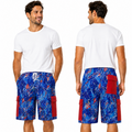 A man modeling blue and red abstract print cargo shorts with red side pockets, shown from both the front and back views against a white background.