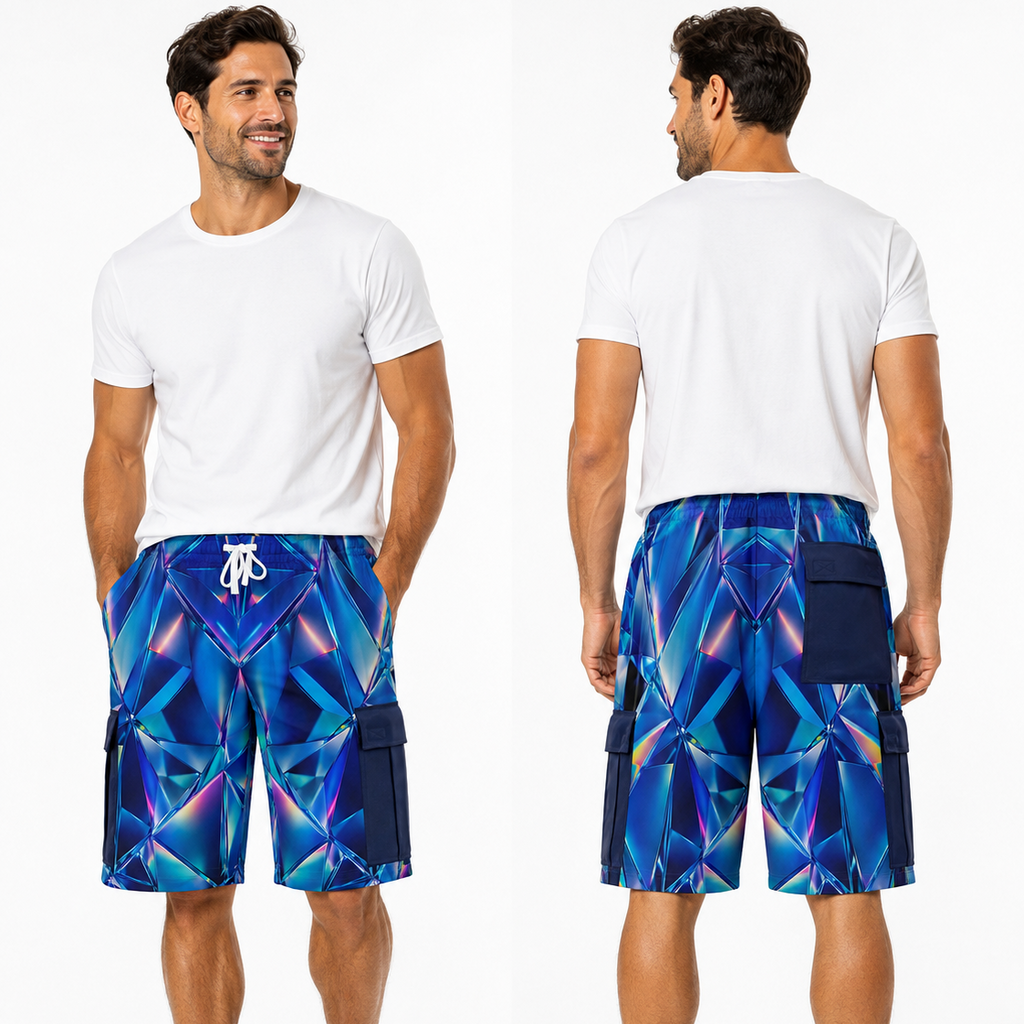 A man shown from the front and back wearing blue geometric print cargo shorts with a white drawstring, paired with a white t-shirt and white sneakers, against a plain white background.