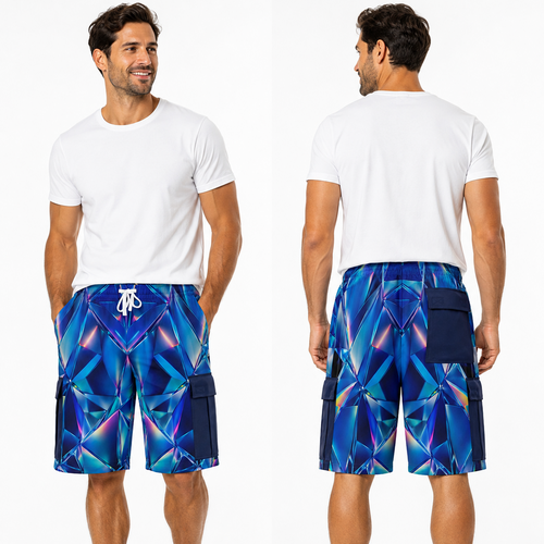 A man shown from the front and back wearing blue geometric print cargo shorts with a white drawstring, paired with a white t-shirt and white sneakers, against a plain white background.