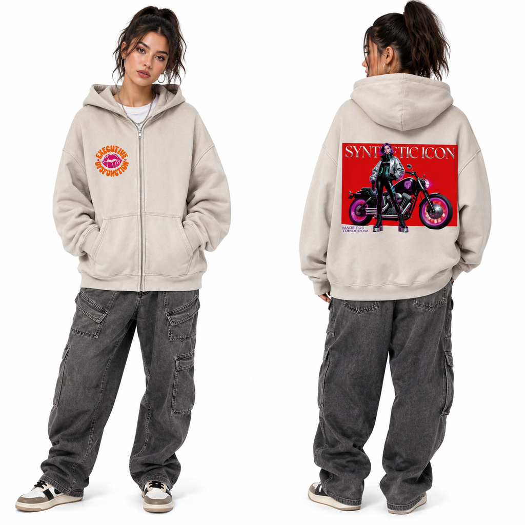 A model is shown from both the front and back wearing a light beige zip-up hoodie. The front features a circular pink and yellow graphic on the left chest, and the back features a large graphic print with a red background, a motorcycle, and the text 'SYNTHETIC ICON'.