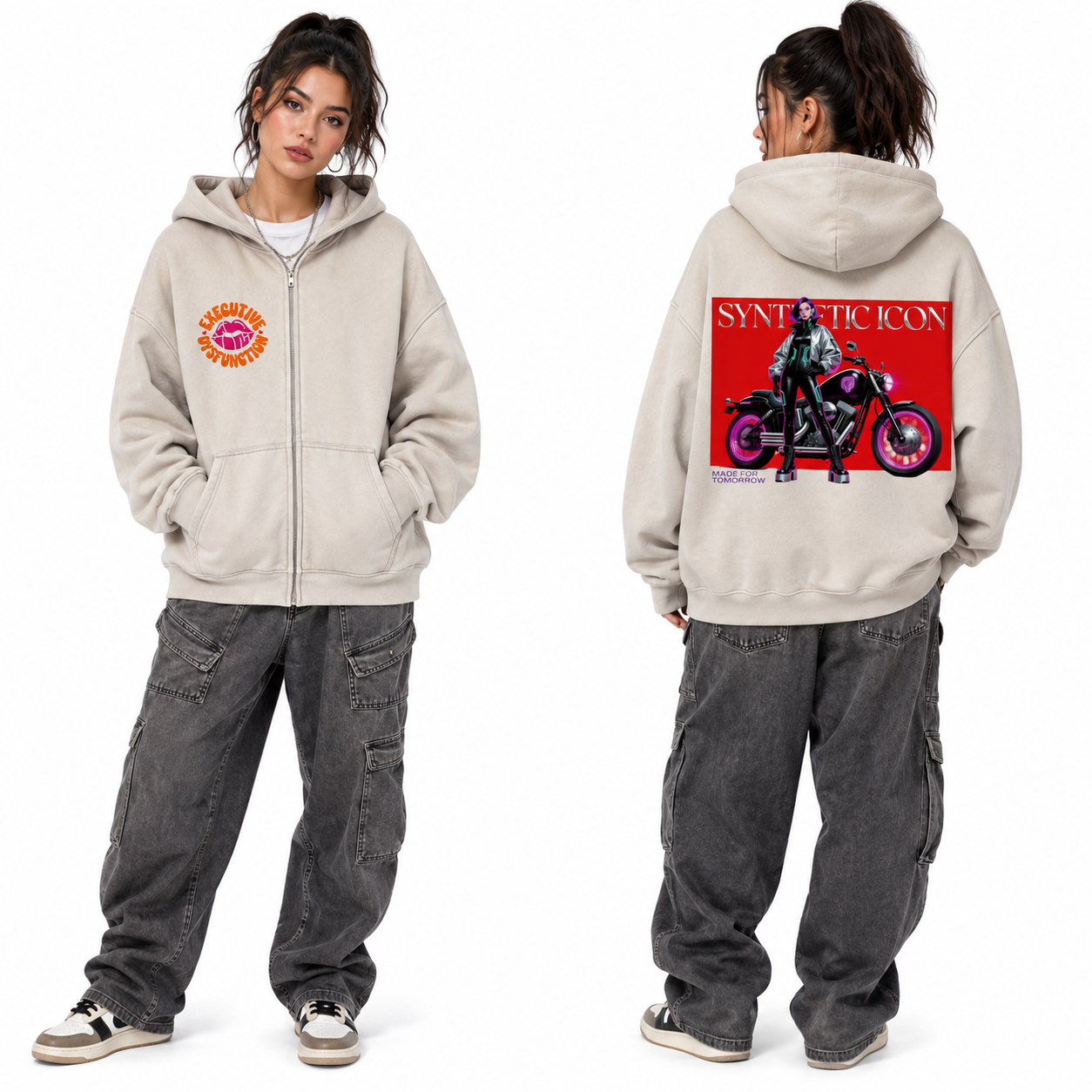 A model is shown from both the front and back wearing a light beige zip-up hoodie. The front features a circular pink and yellow graphic on the left chest, and the back features a large graphic print with a red background, a motorcycle, and the text 'SYNTHETIC ICON'.