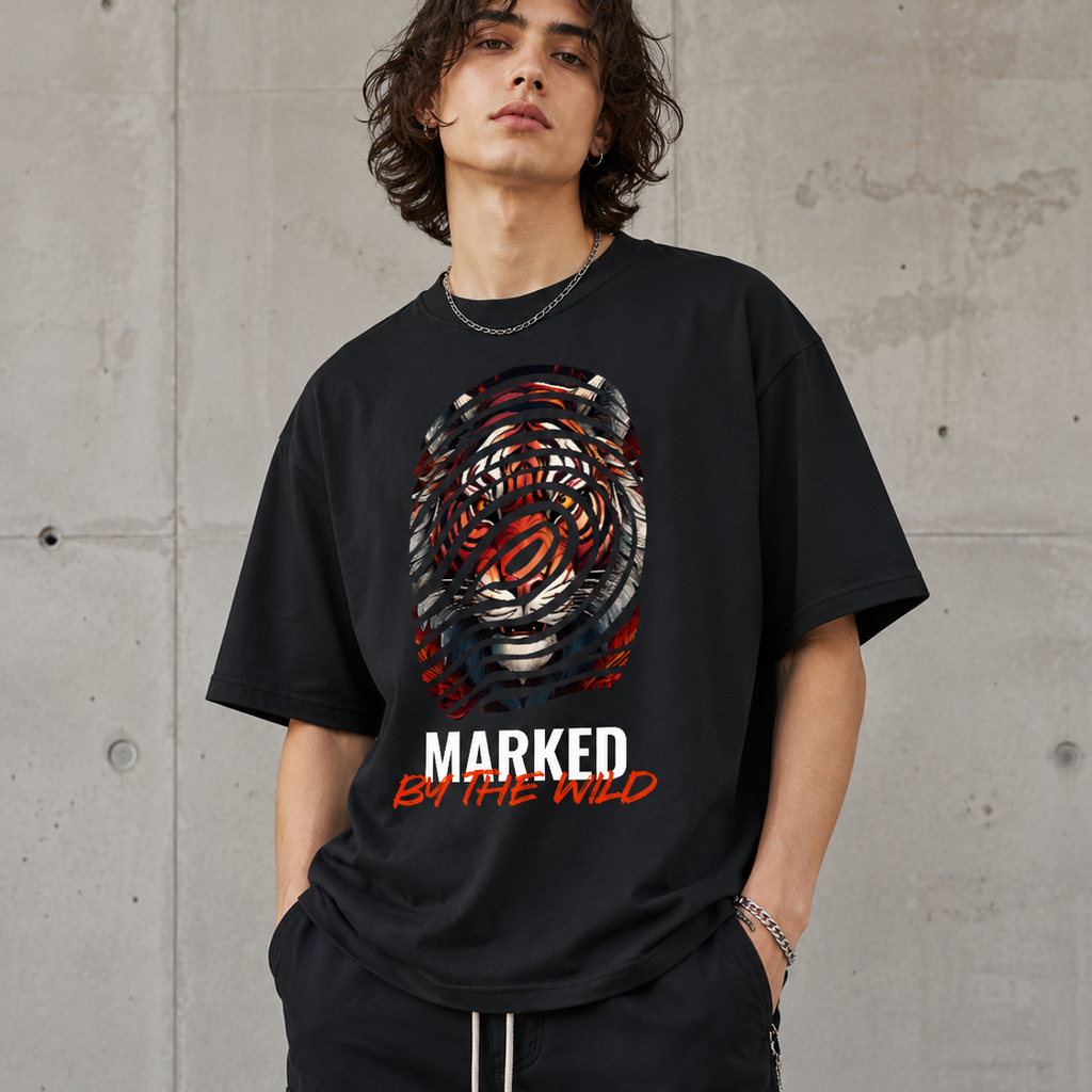 A man wearing a black graphic t-shirt with a stylized tiger face print in red, orange, and white, and the text 'MARKED BY THE WILD' underneath, standing against a concrete wall.