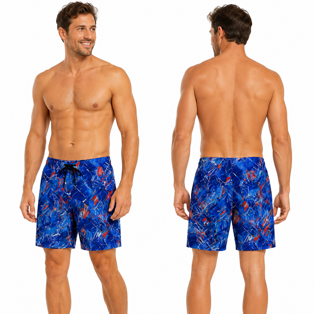 A male model shown from the front and back wearing blue swim trunks with a red and white abstract pattern, against a plain white background.