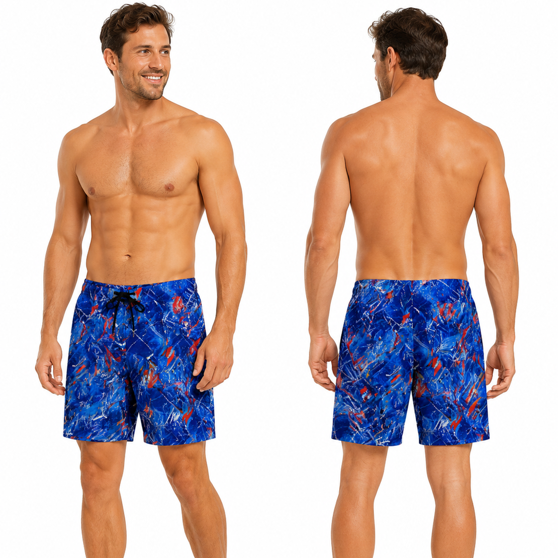 A male model shown from the front and back wearing blue swim trunks with a red and white abstract pattern, against a plain white background.