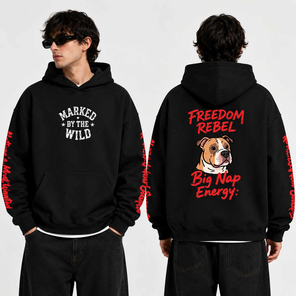 A man modeling a black hoodie from the front and back against a light gray studio background. The front has white text reading 'MARKED BY THE WILD' on the chest, and the back has red text reading 'FREEDOM REBEL Big Nap Energy' with a dog illustration.