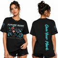 A woman modeling a black graphic T-shirt shown from both front and back against a plain white background. The front has a motorcycle graphic with the text 'FUTURE RIDER' and 'NO ROAD REQUIRED.