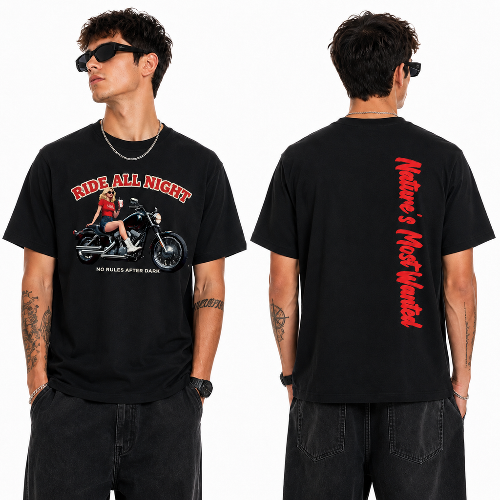 A man modeling a black graphic t-shirt from both the front and back views. The front features a red and white graphic of a woman on a motorcycle with the text 'RIDE ALL NIGHT' and 'NO RULES AFTER DARK'.