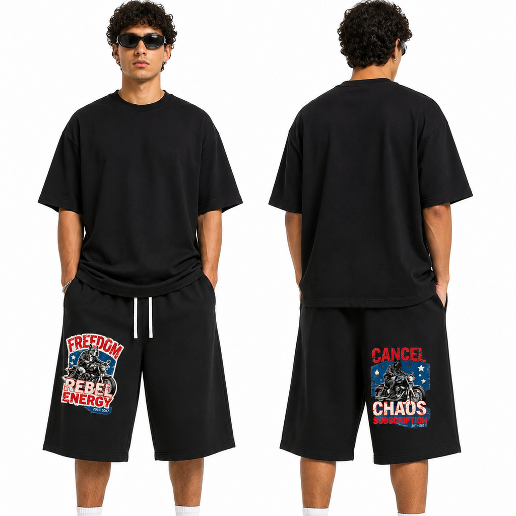 A model shown from the front and back wearing a black oversized t-shirt and black shorts with graphic prints. The front view shows a graphic on the left leg reading 'FREEDOM Rebel Energy' and the back view shows a graphic on the right leg reading 'CANCEL CHADS REBEL ENERGY'.